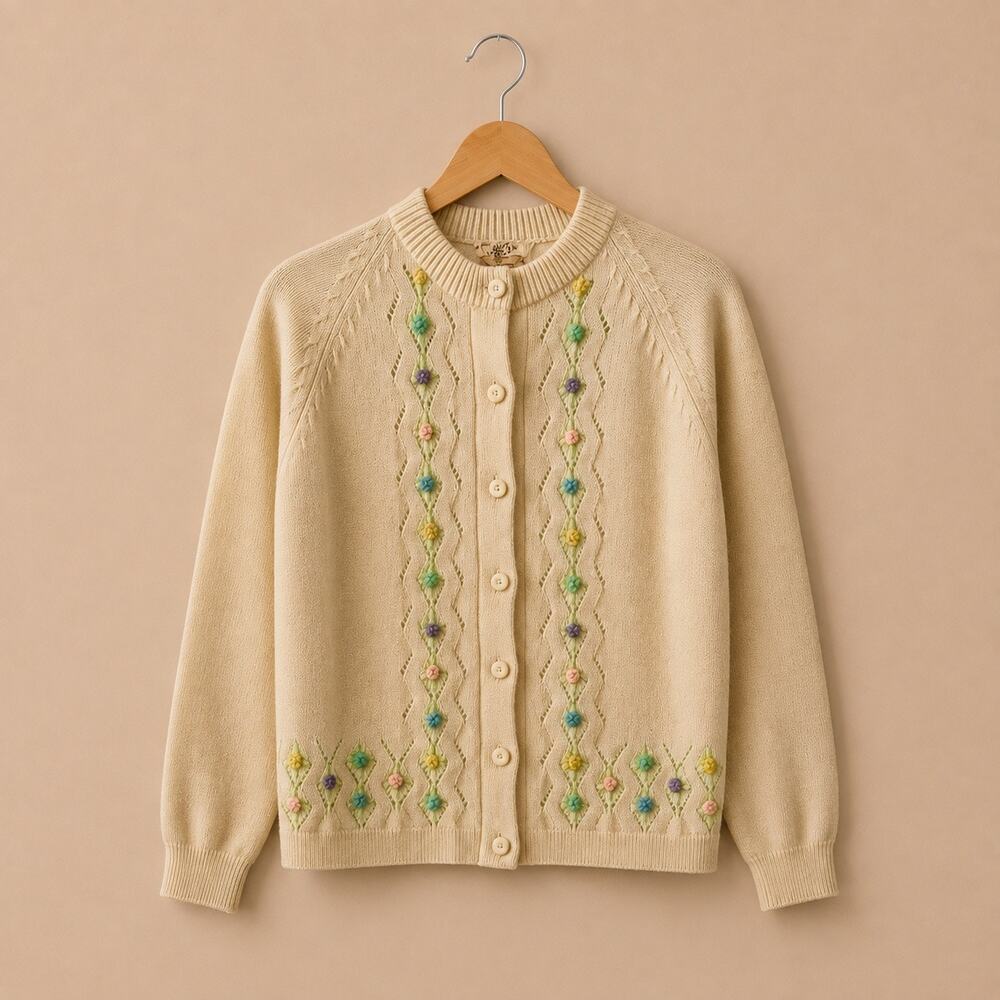 Vintage 1960s Teri-Jo New York Embroidered Knit Cardigan – Cream